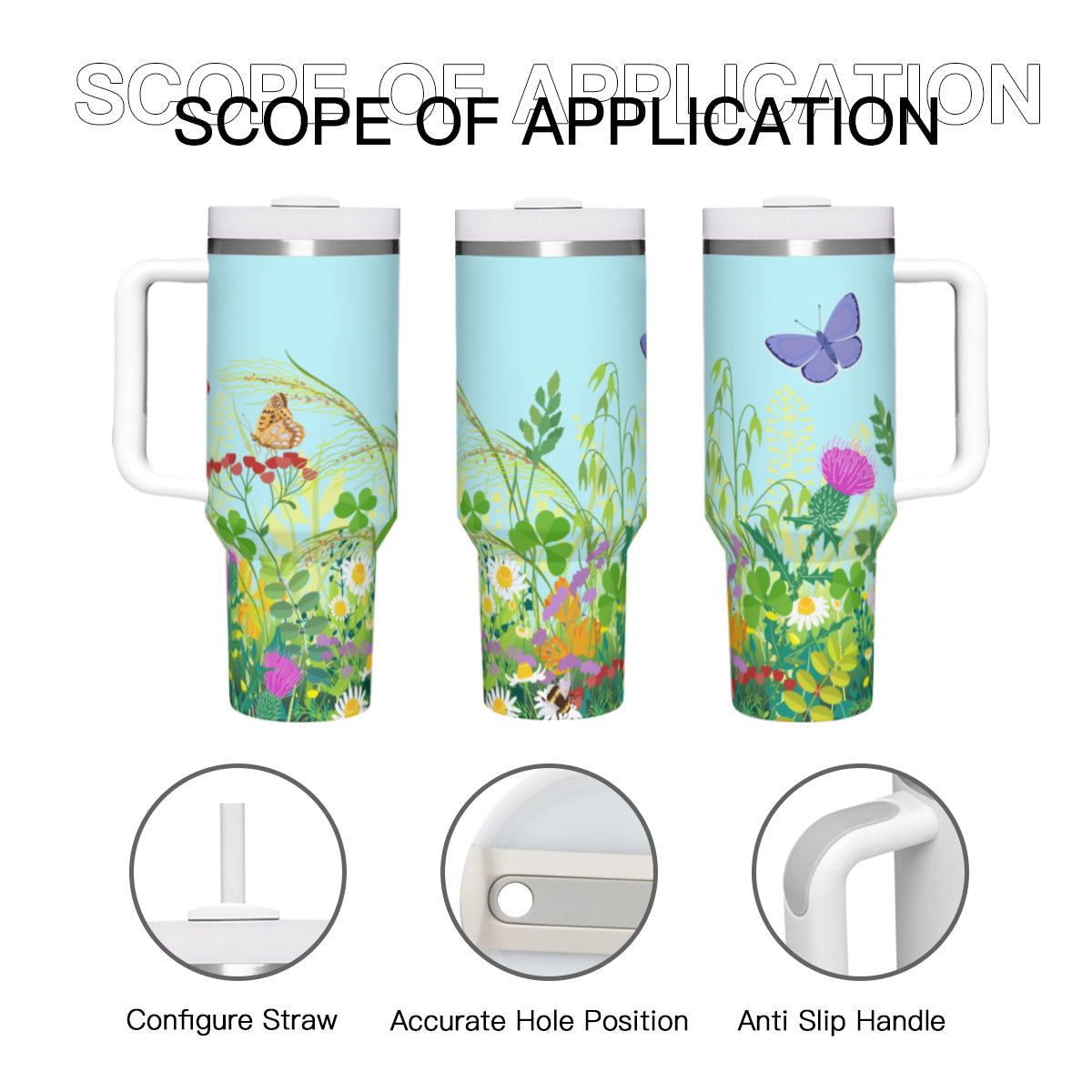 Summer Butterflies Blue 40oz Tumbler with Handle Stainless Steel