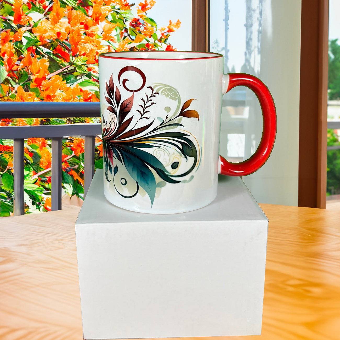 Autumn Swirl 11 oz Mug with Colored Rim and Handle - Reds