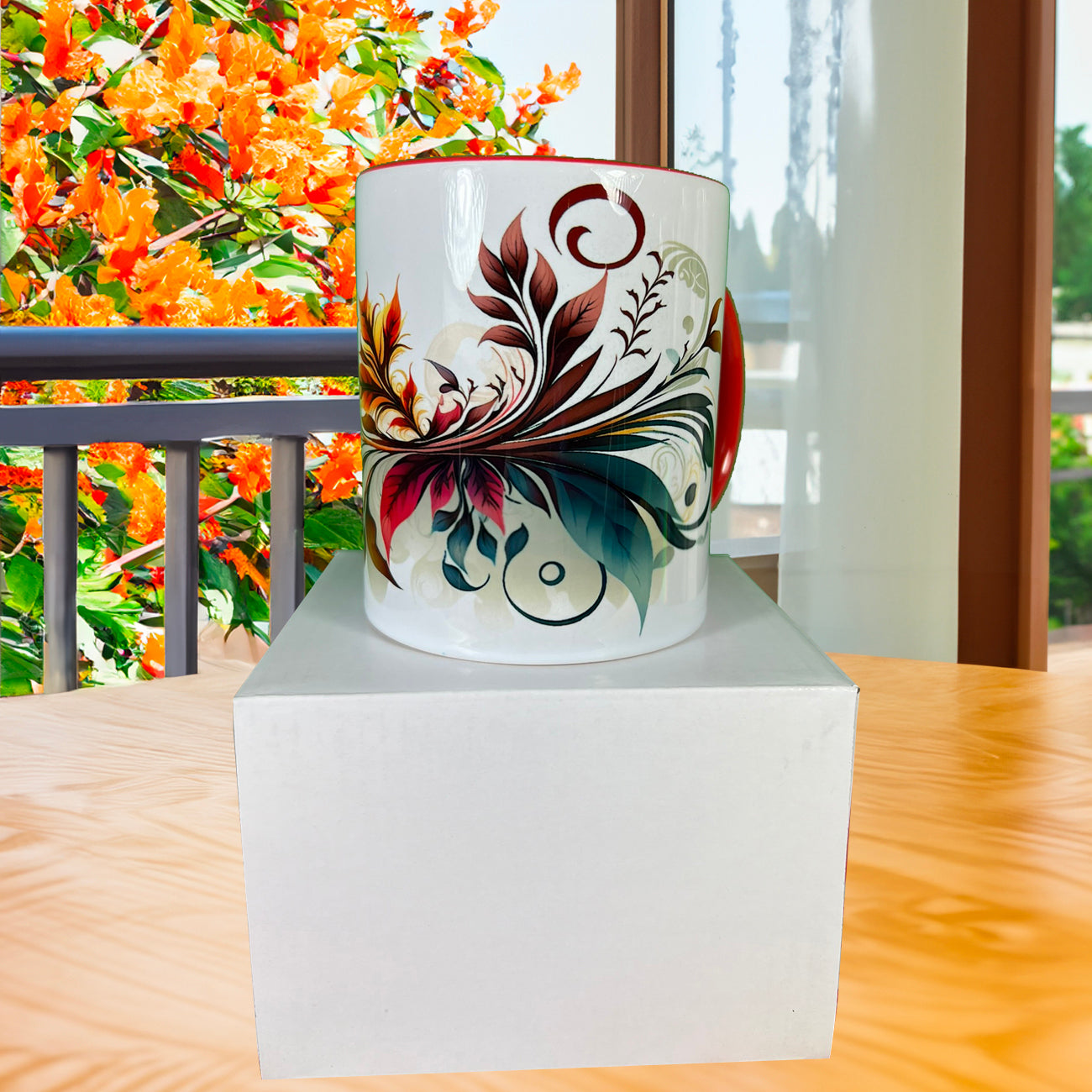 Autumn Swirl 11 oz Mug with Colored Rim and Handle - Reds