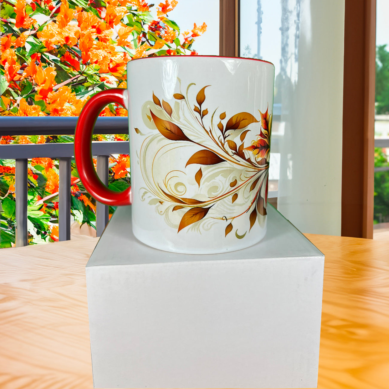 Autumn Swirl 11 oz Mug with Colored Rim and Handle - Reds