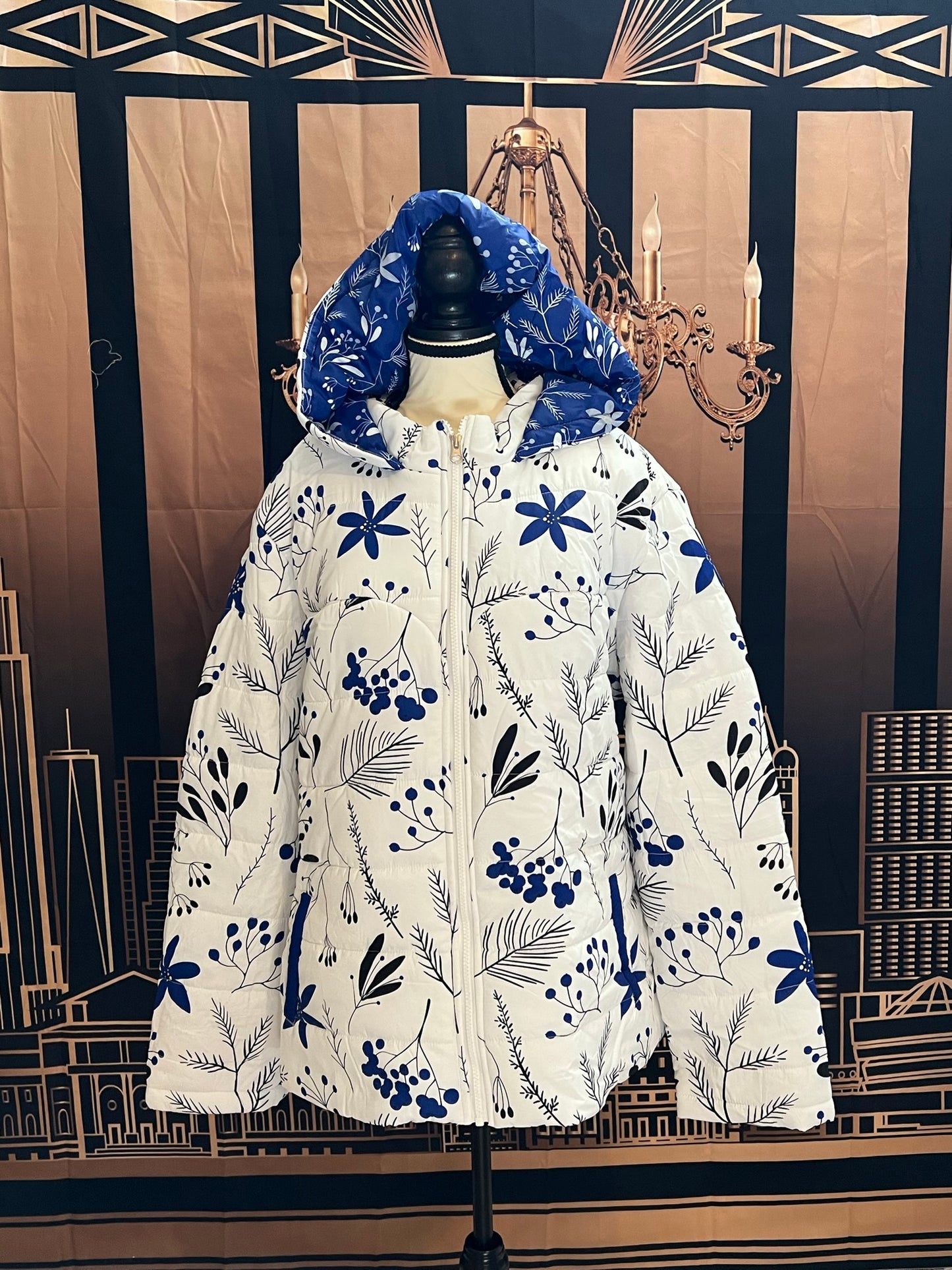 Winter Flowers Dark Blue on White Women's Puffer Jacket