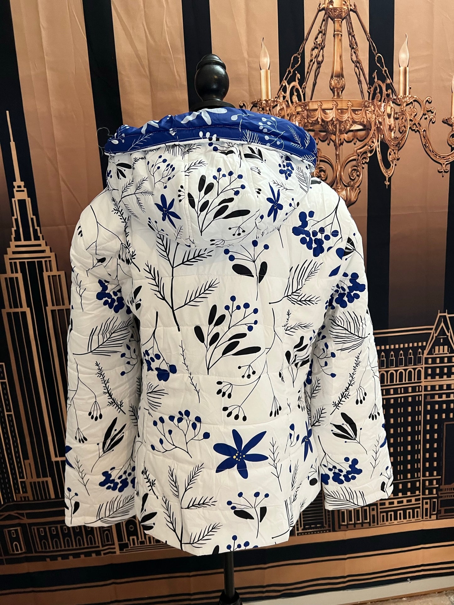 Winter Flowers Dark Blue on White Women's Puffer Jacket