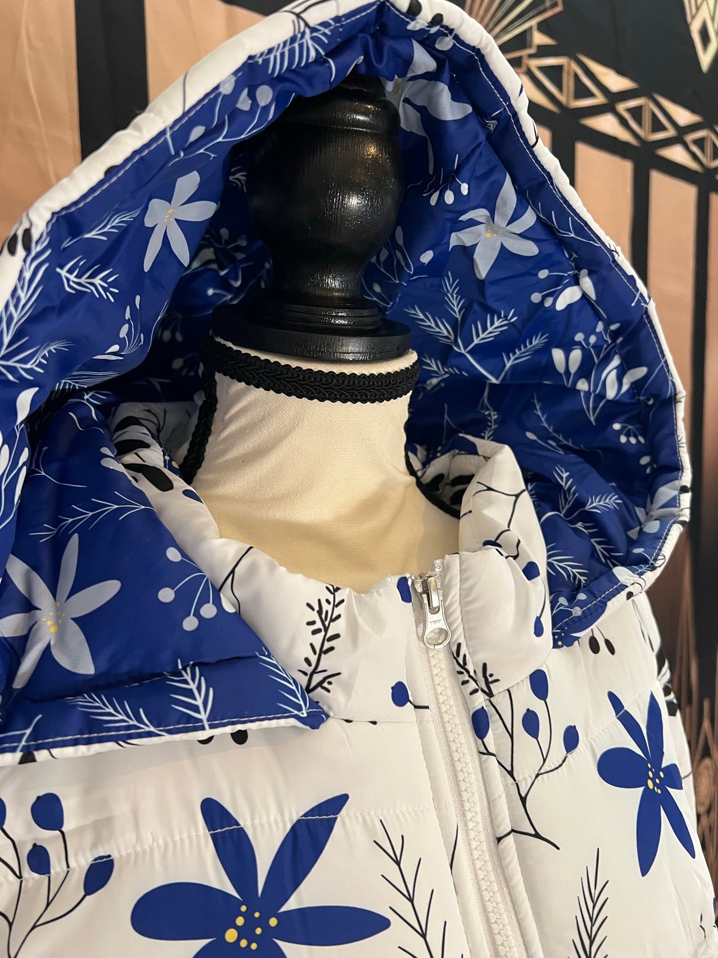 Winter Flowers Dark Blue on White Women's Puffer Jacket