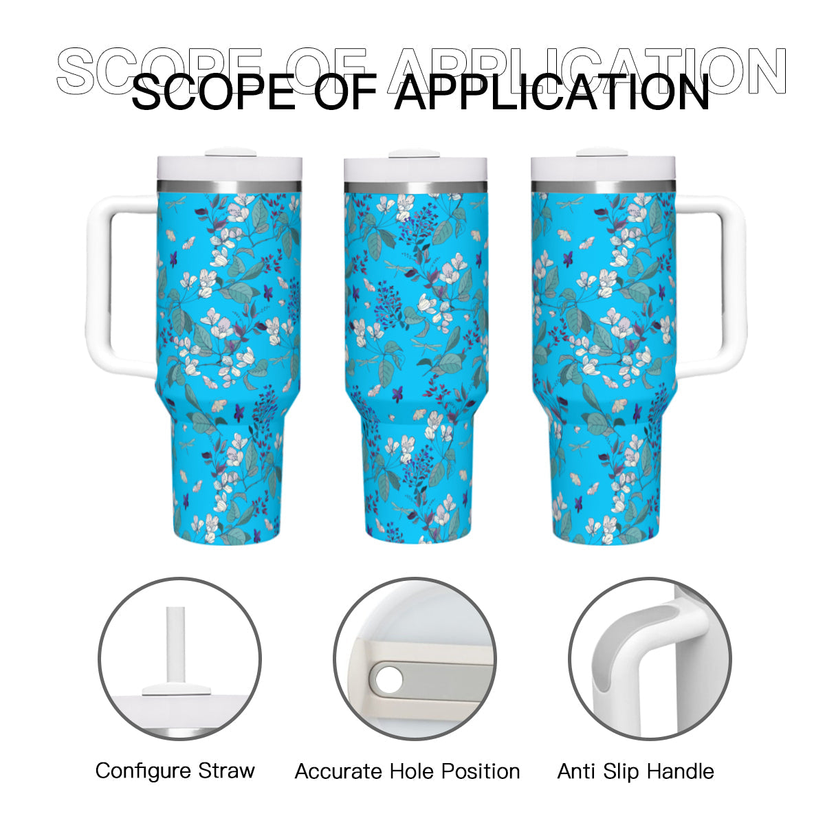 Summer Flowers Blue 40oz Tumbler with Handle Stainless Steel