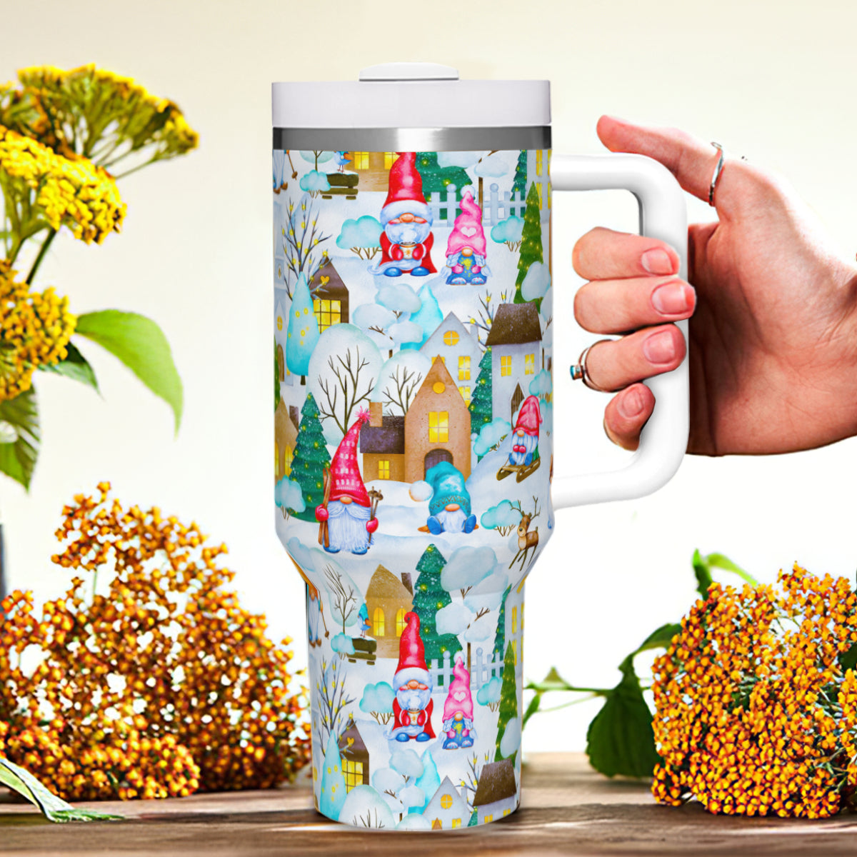 Winter Gnome's Town 40oz Tumbler with Handle Stainless Steel