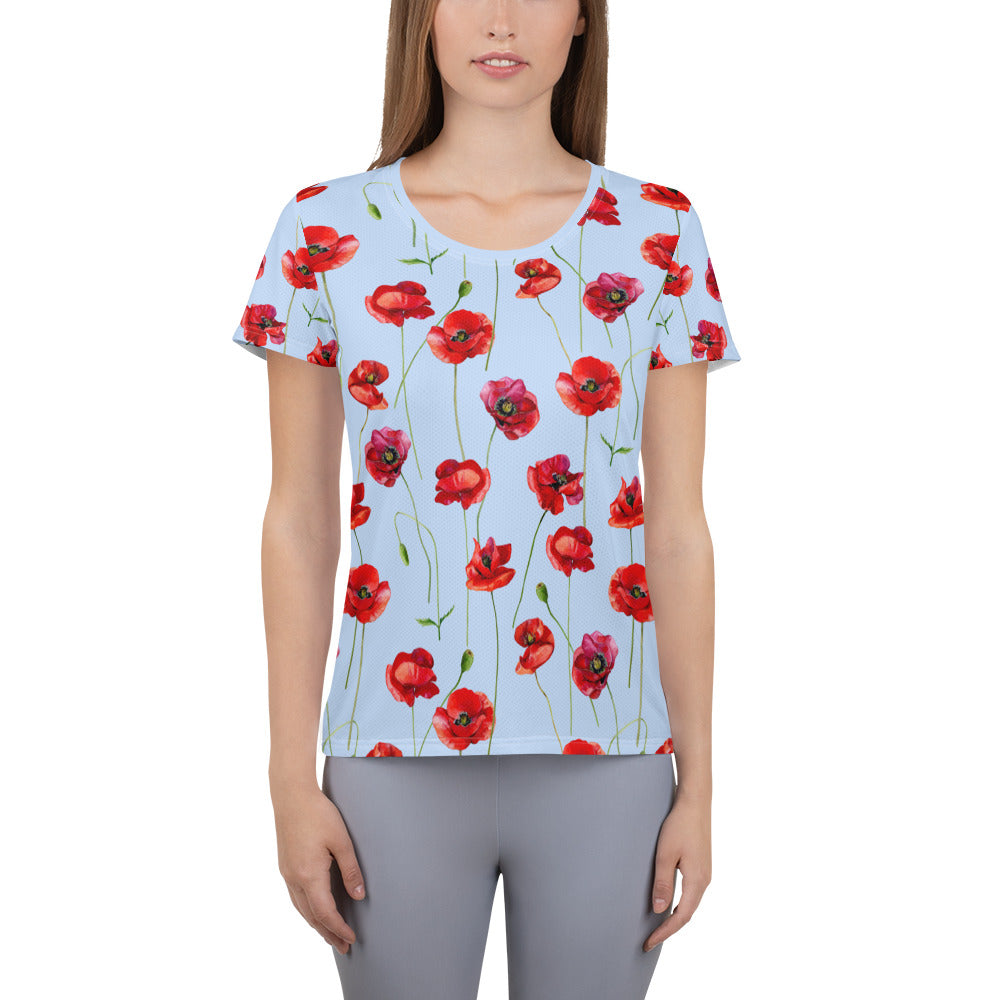 Red Poppies 1 Women's Athletic T-shirt - light blue
