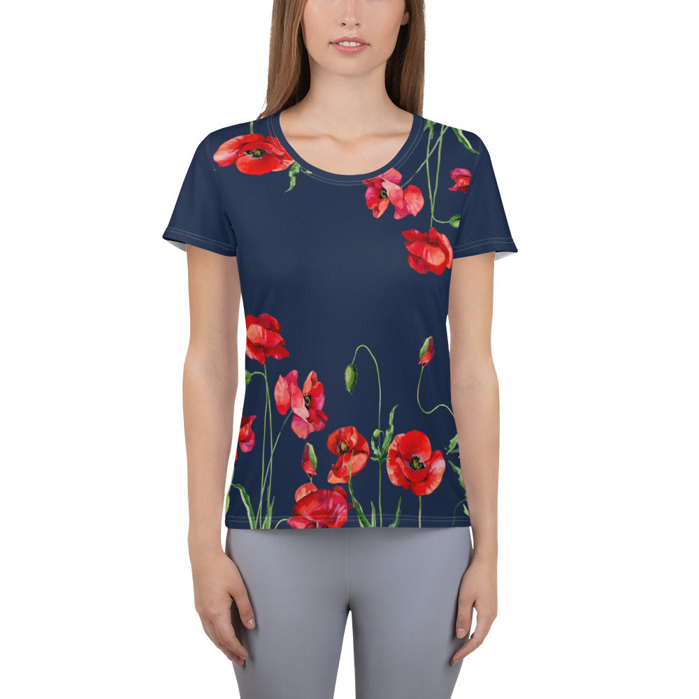 Red Poppies 2 Women's Athletic T-shirt - dark blue