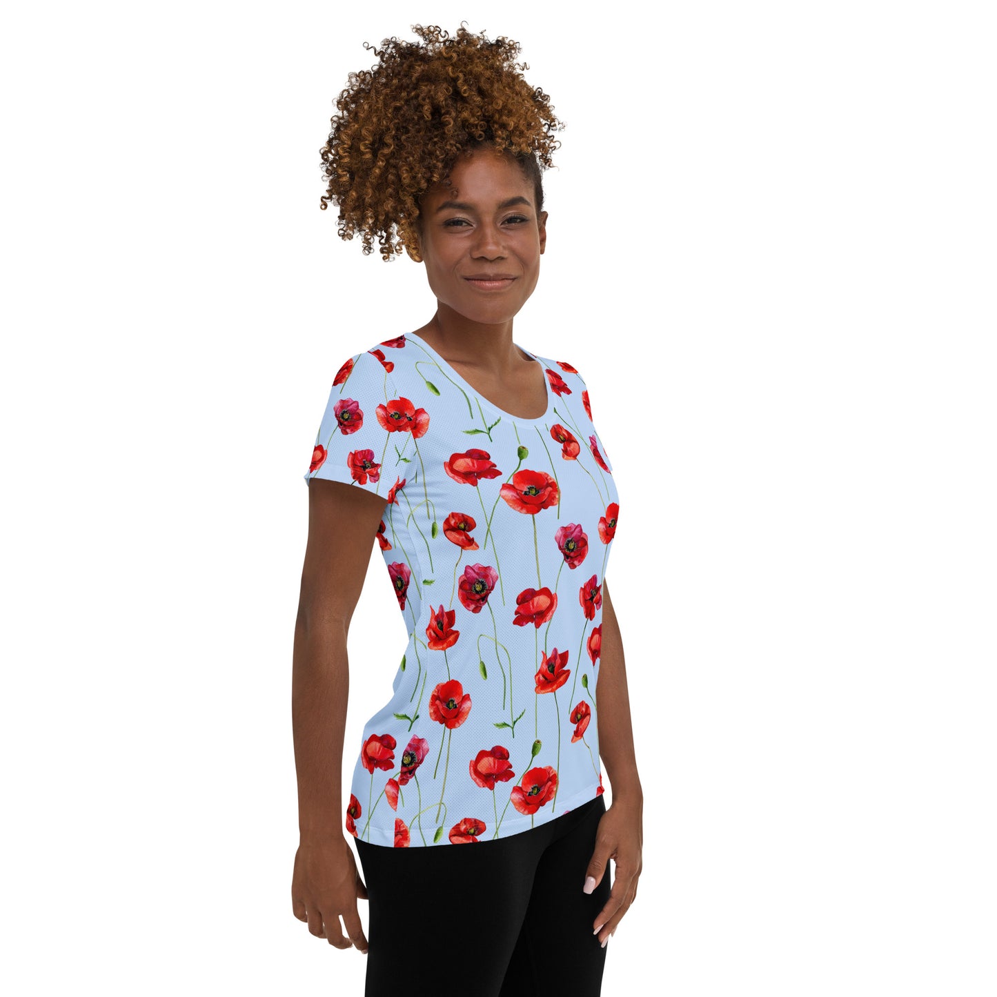 Red Poppies 1 Women's Athletic T-shirt - light blue