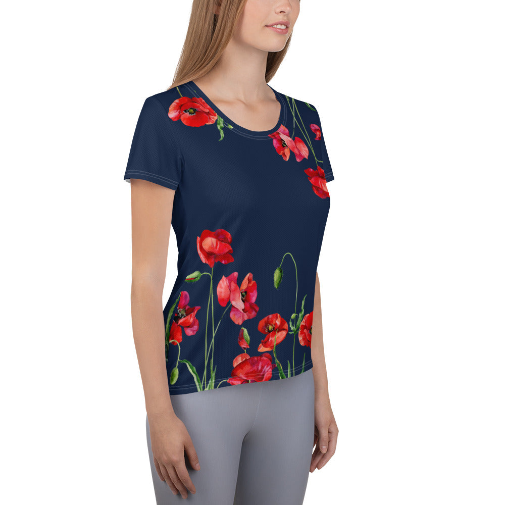 Red Poppies 2 Women's Athletic T-shirt - dark blue