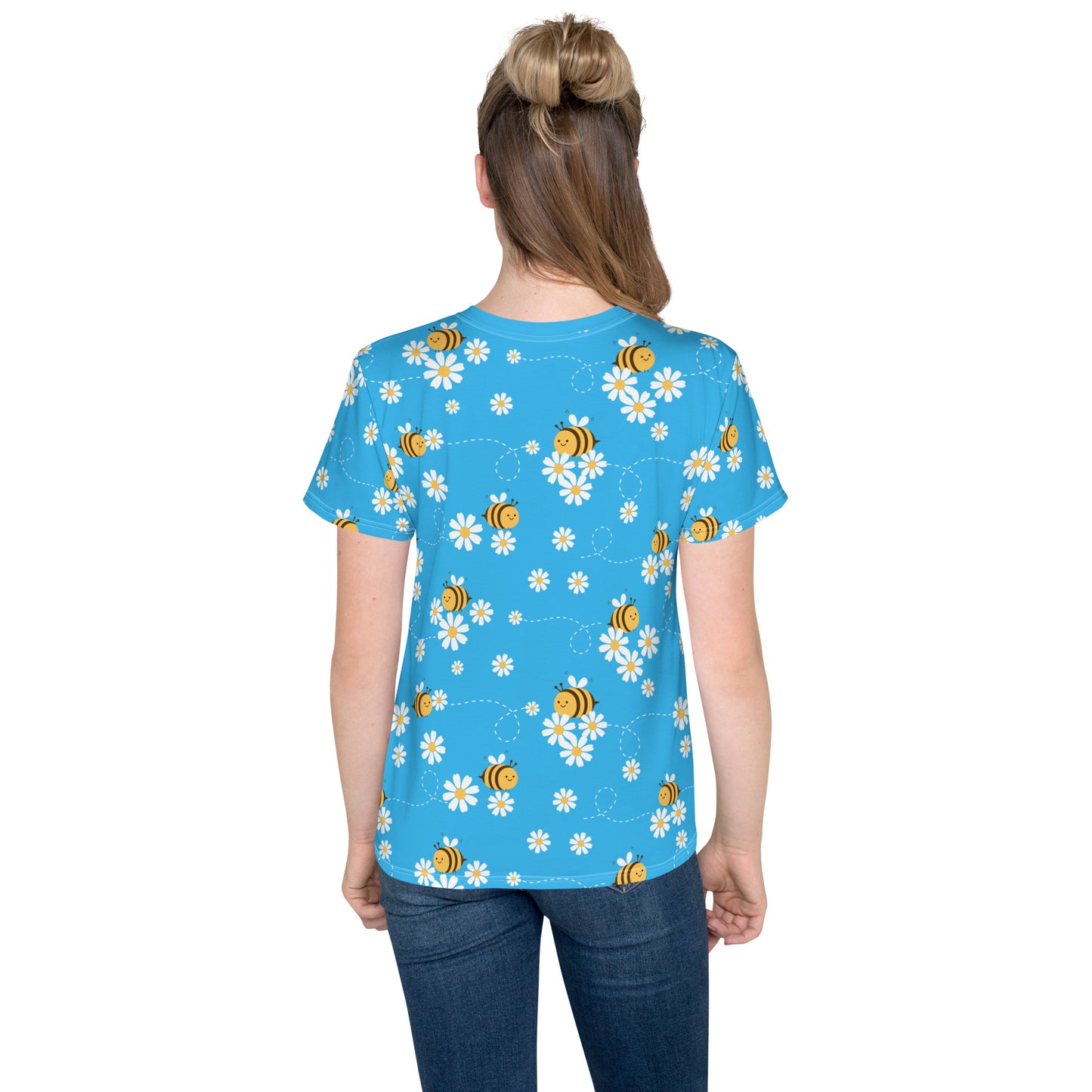 Bees & Flowers Youth crew neck t-shirt Bright Blue