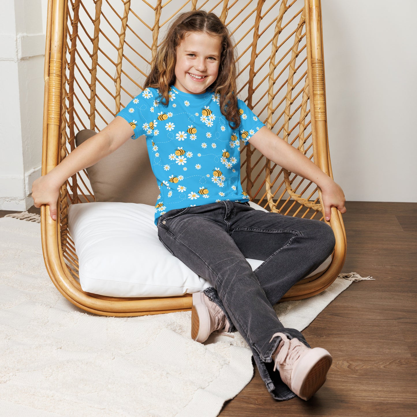 Bees & Flowers Youth crew neck t-shirt Bright Blue