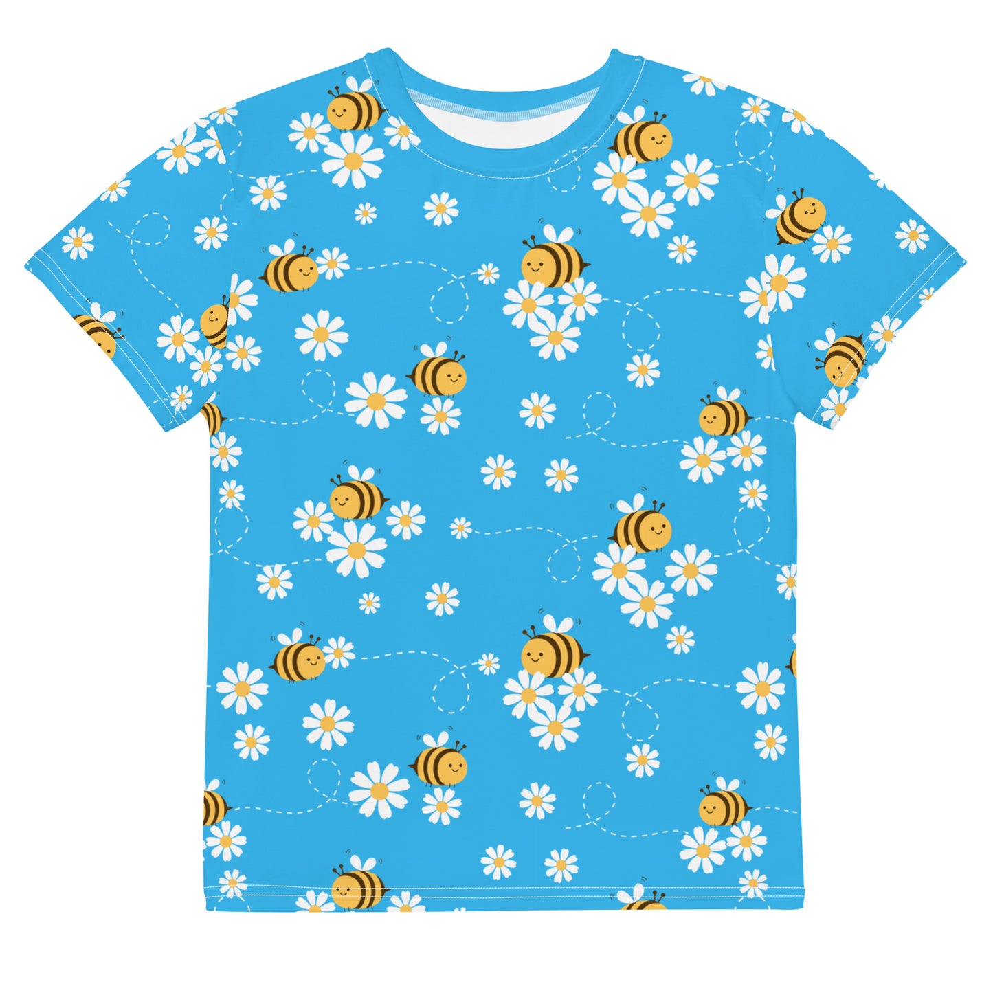 Bees & Flowers Youth crew neck t-shirt Bright Blue