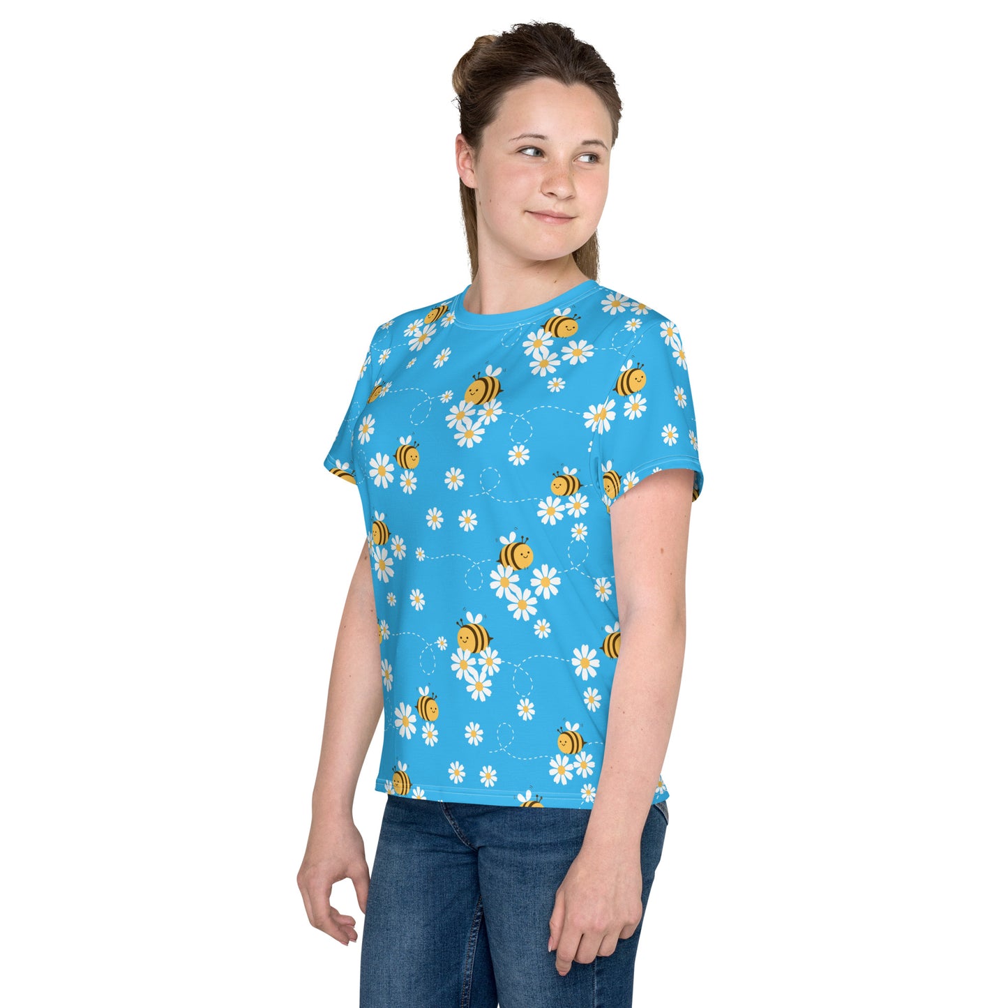 Bees & Flowers Youth crew neck t-shirt Bright Blue