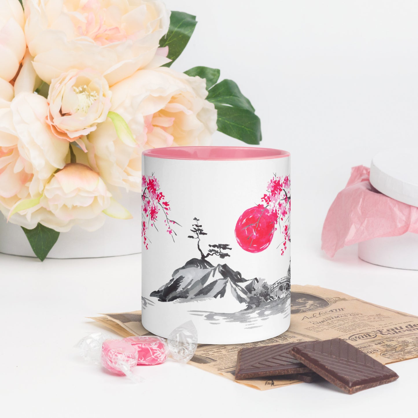 Japanese Painting in Pink 11oz Mug with Color Inside