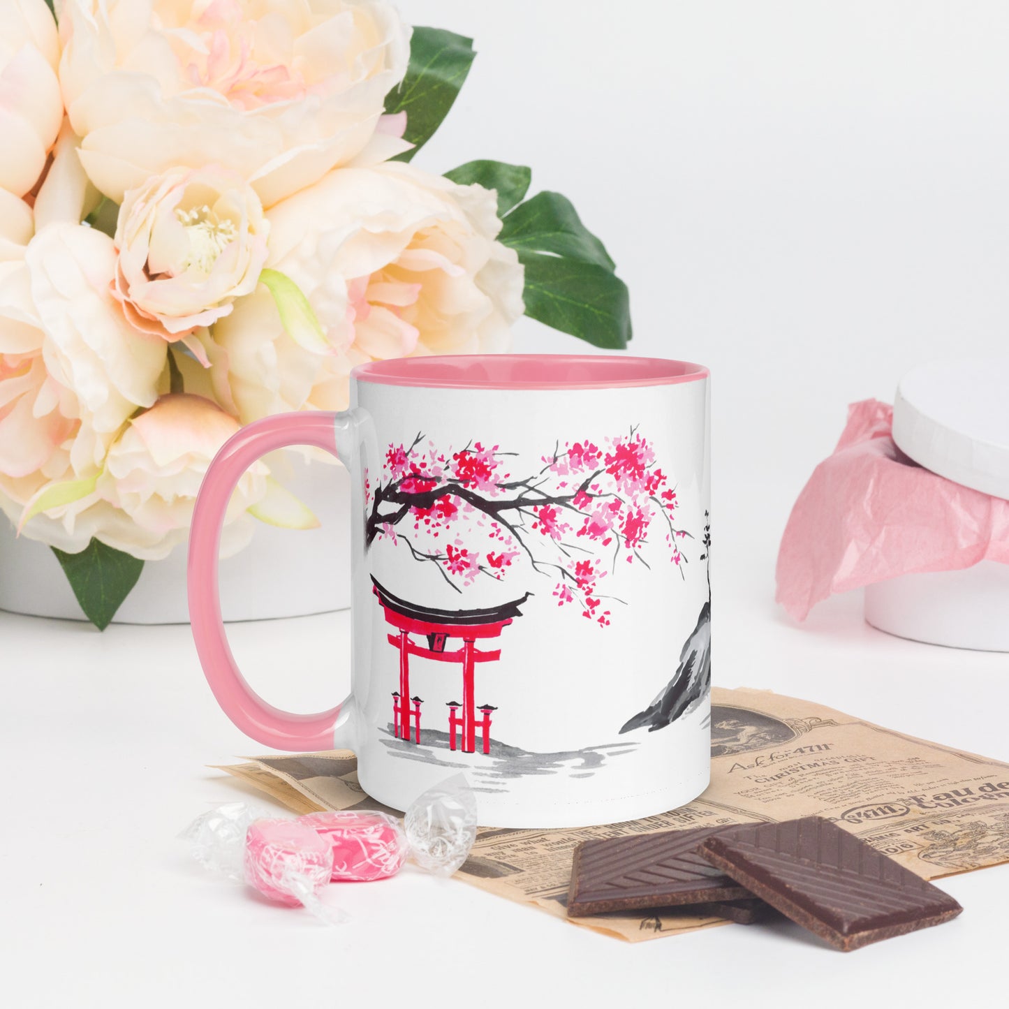 Japanese Painting in Pink 11oz Mug with Color Inside