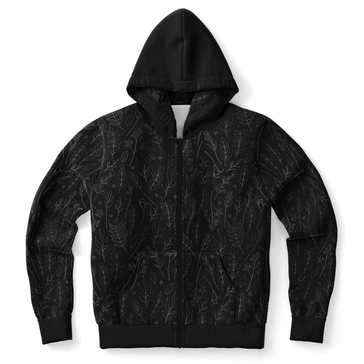 Black-Silver Leaves ZIp Hoodie - black