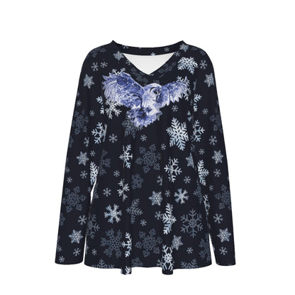 Winter Owl Women's V-neck T-shirt With Long Sleeve