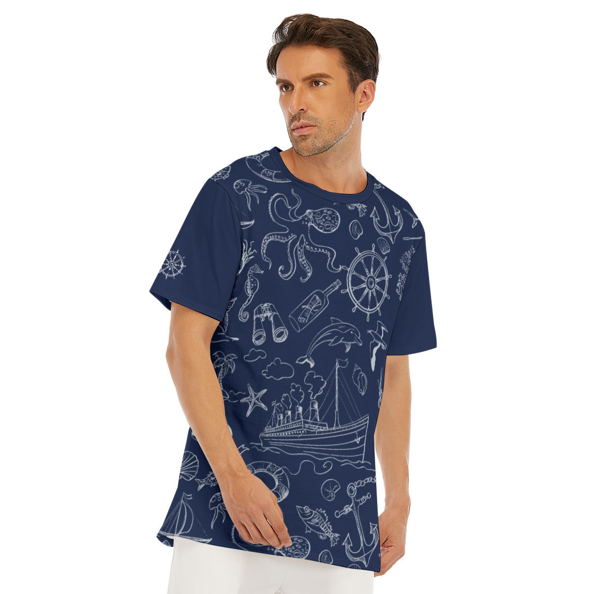 Dark Blue Marine Cotton T-shirt - sleeve detail