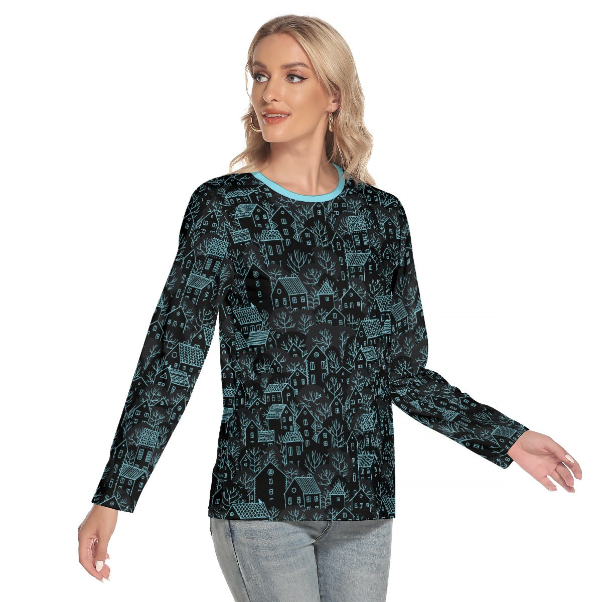 Winter Town Women's Long Sleeve T-shirt - teal on black