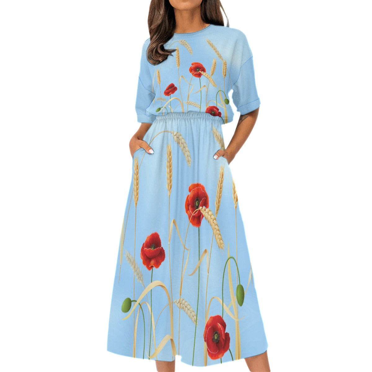 Poppies on blue maxi dress 2