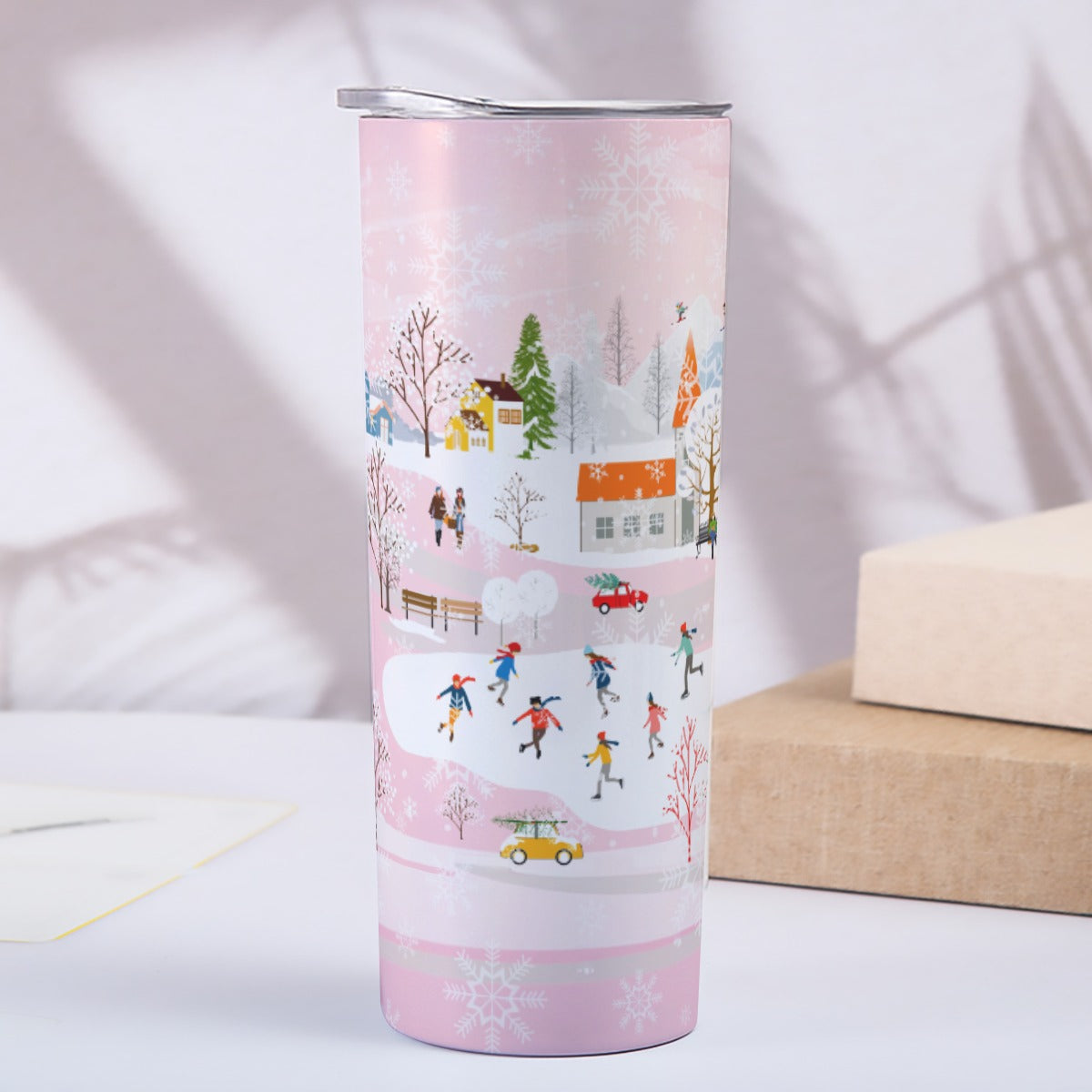 Winter town (pink) 20oz Skinny Tumbler Stainless Steel