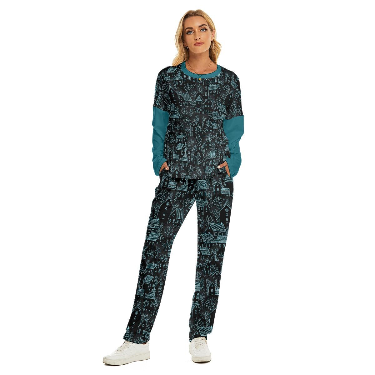 Winter Town Women's Pajama Suit - dark teal 1