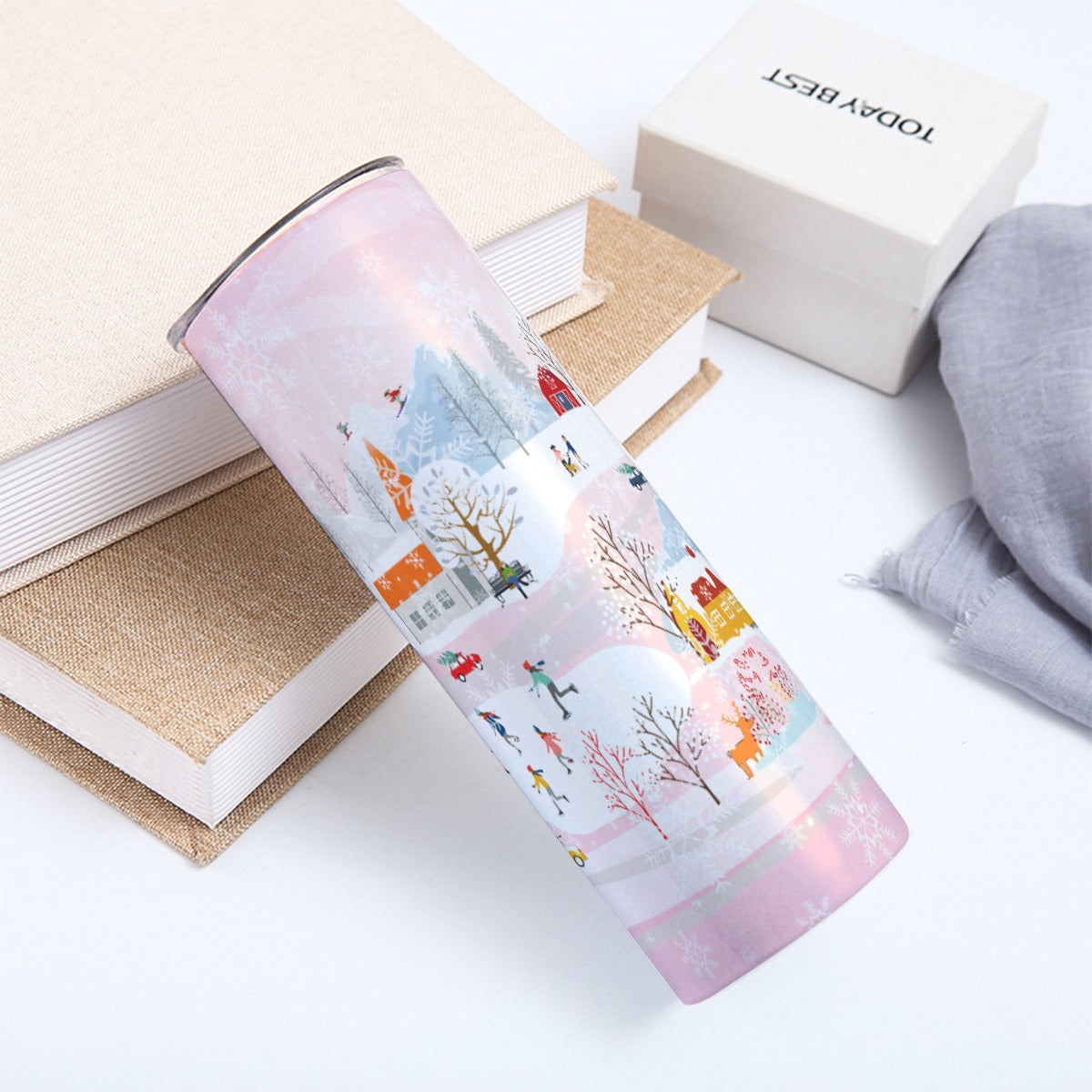 Winter town (pink) 20oz Skinny Tumbler Stainless Steel