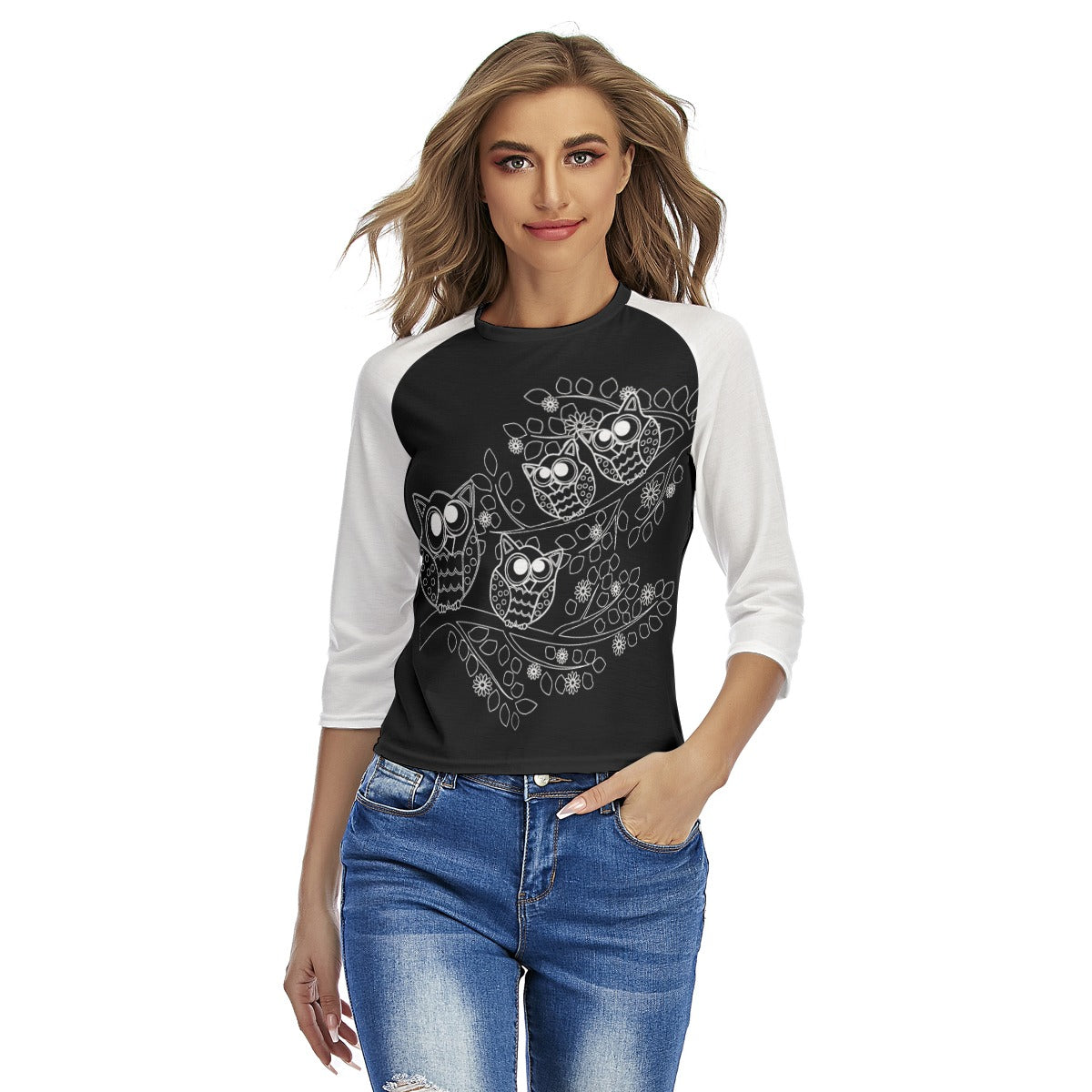 Owl Family Women's Raglan Sleeves T-shirts - black
