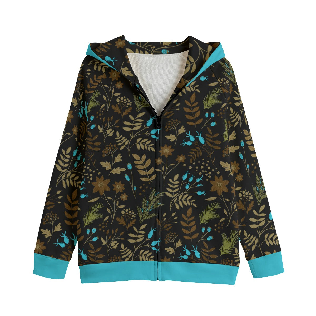 Dark Brown-Blue Leaves Kids Cotton Zip Hoodie