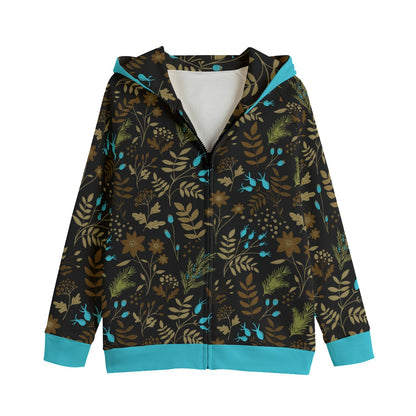 Dark Brown-Blue Leaves Kids Cotton Zip Hoodie