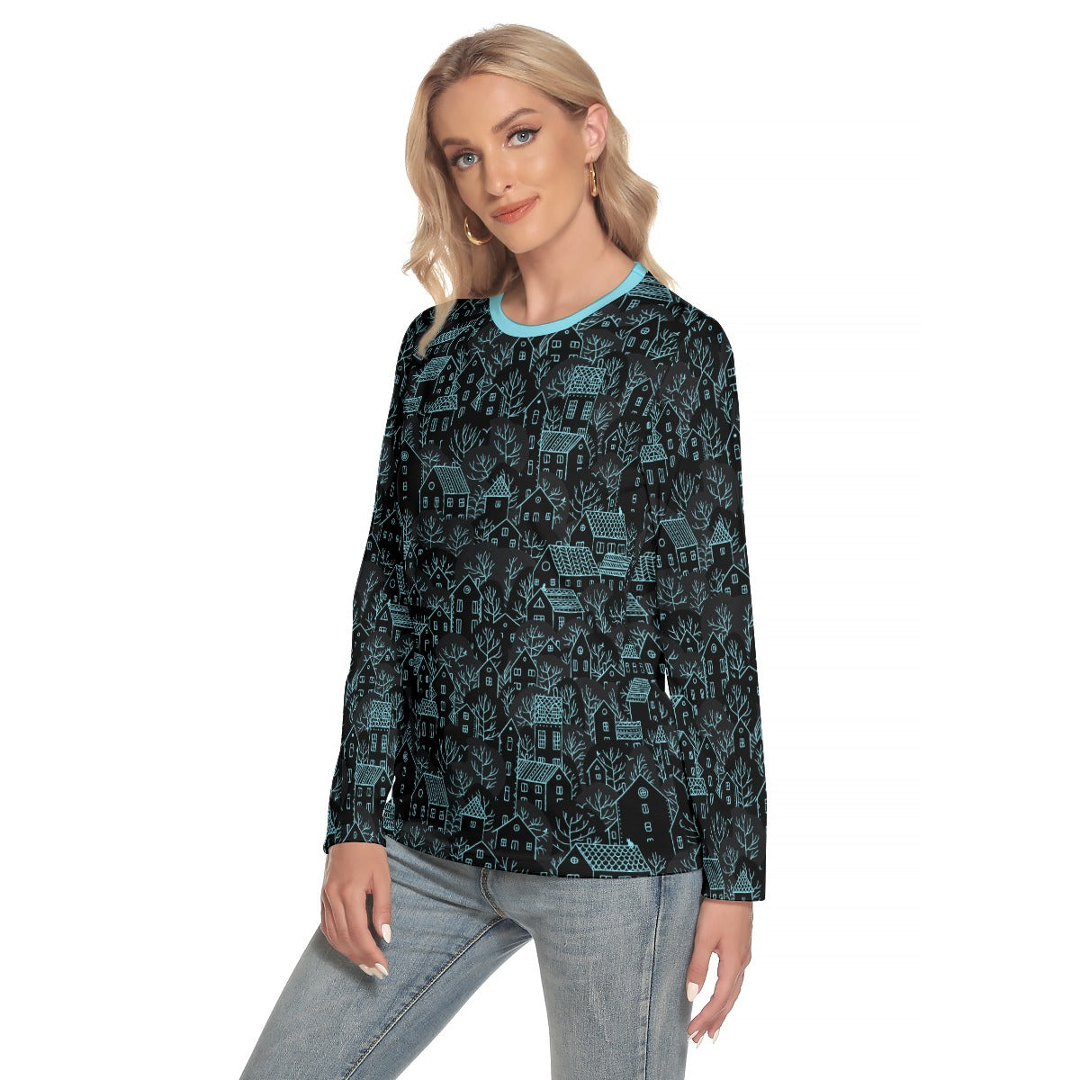 Winter Town Women's Long Sleeve T-shirt - teal on black