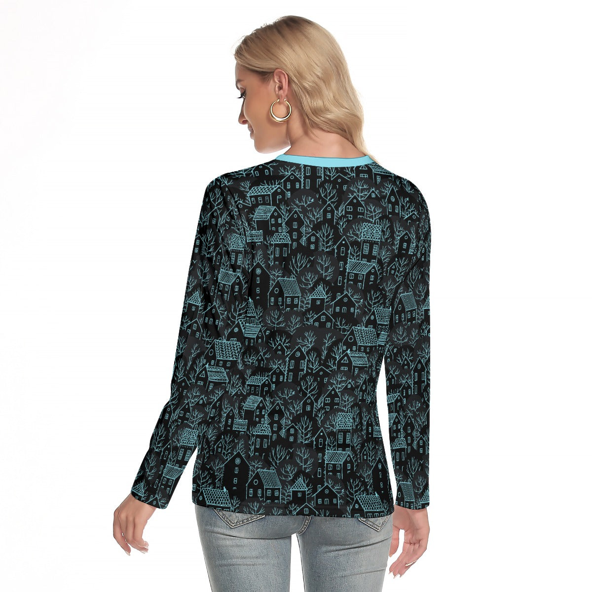 Winter Town Women's Long Sleeve T-shirt - teal on black