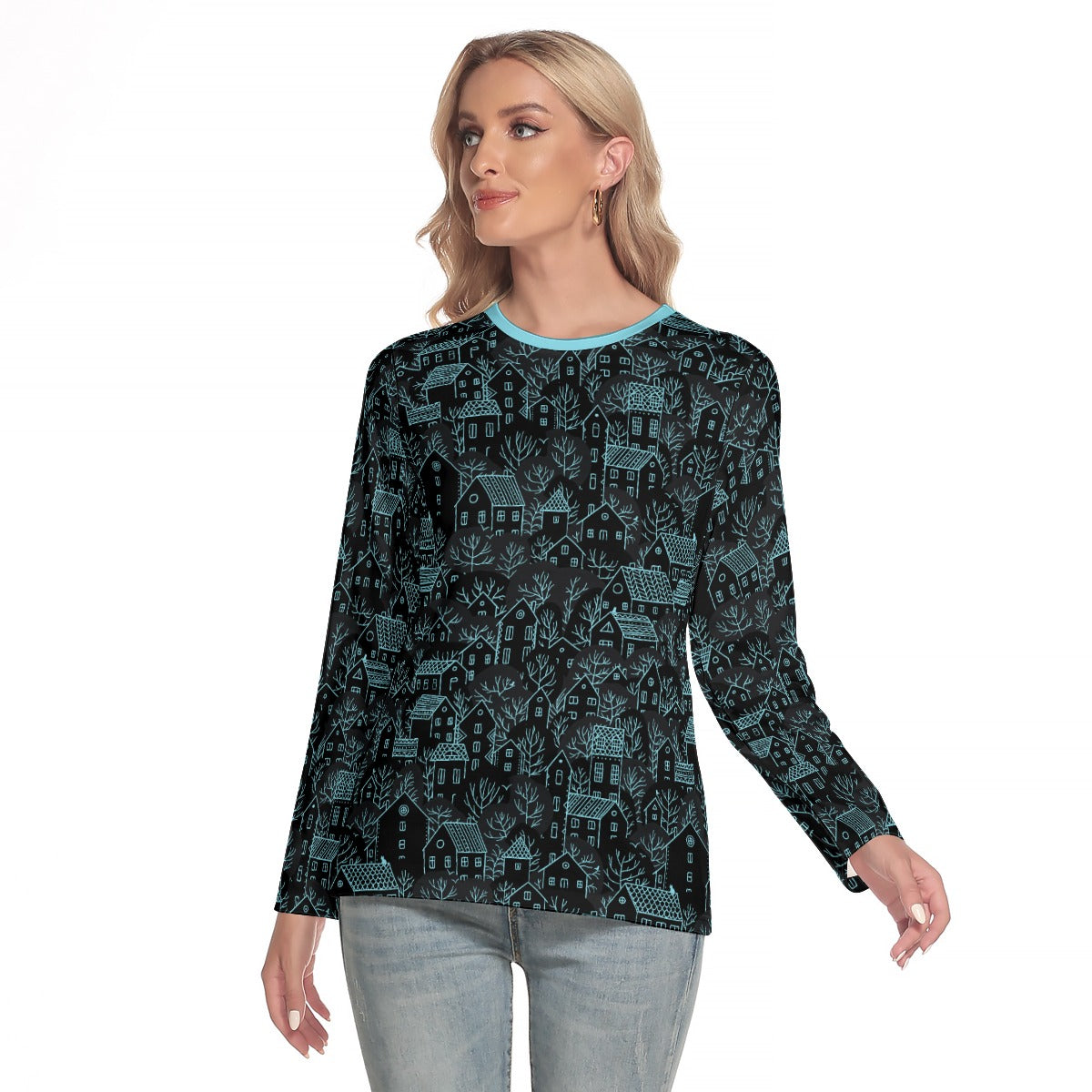 Winter Town Women's Long Sleeve T-shirt - teal on black