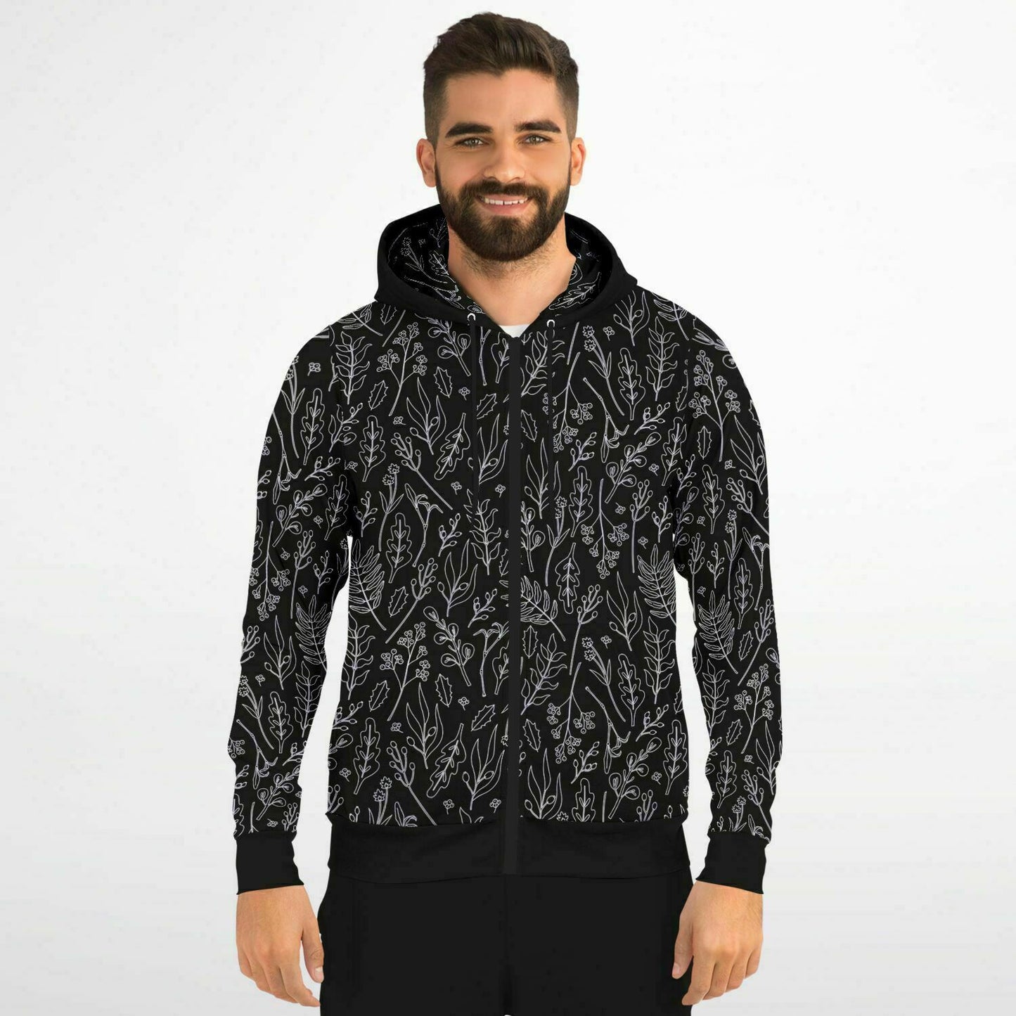 Black Silver Leaves Zip Hoodie - extra bright