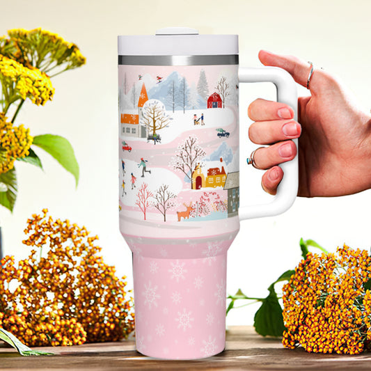 Winter Town (pink) 40 oz Insulated Tumbler with straw