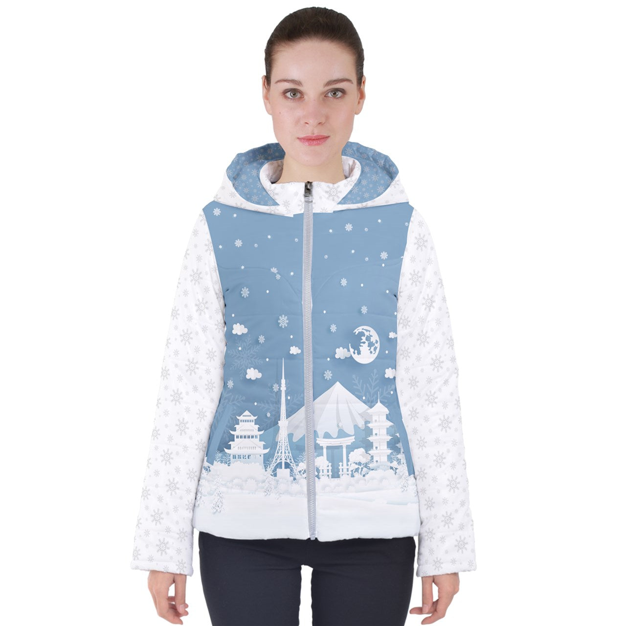 Snow in Japan Blue Women's Hooded Puffer Jacket (US)