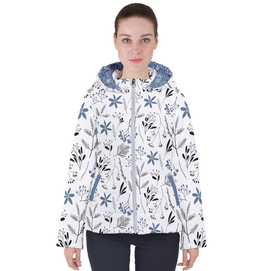 White Winter Flowers Puffer Jacket