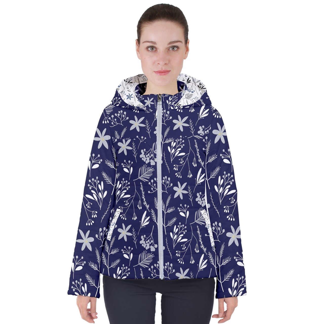 Dark Blue Winter Flowers Puffer Jacket