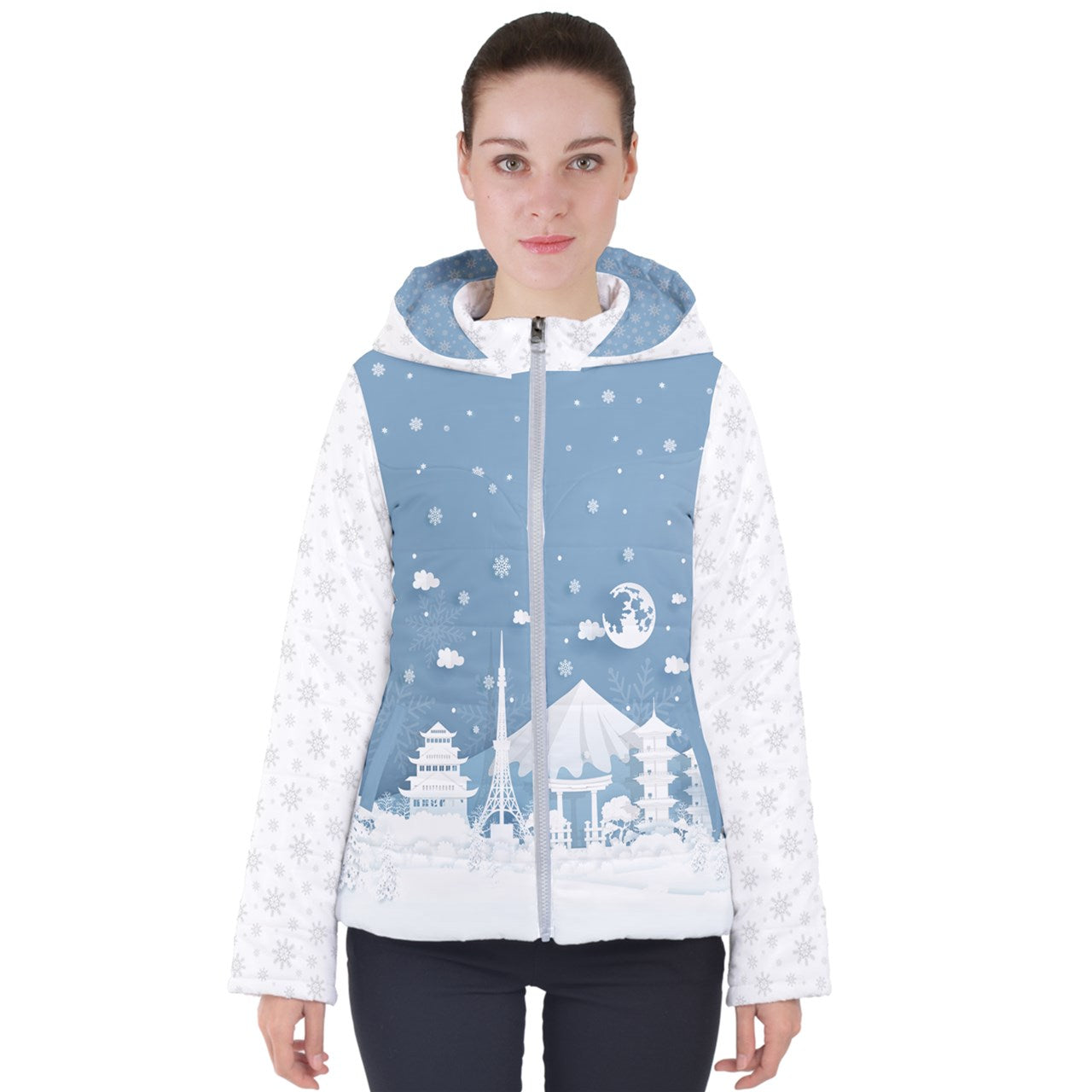 Snow in Japan Blue Women's Puffer Jacket with Hood