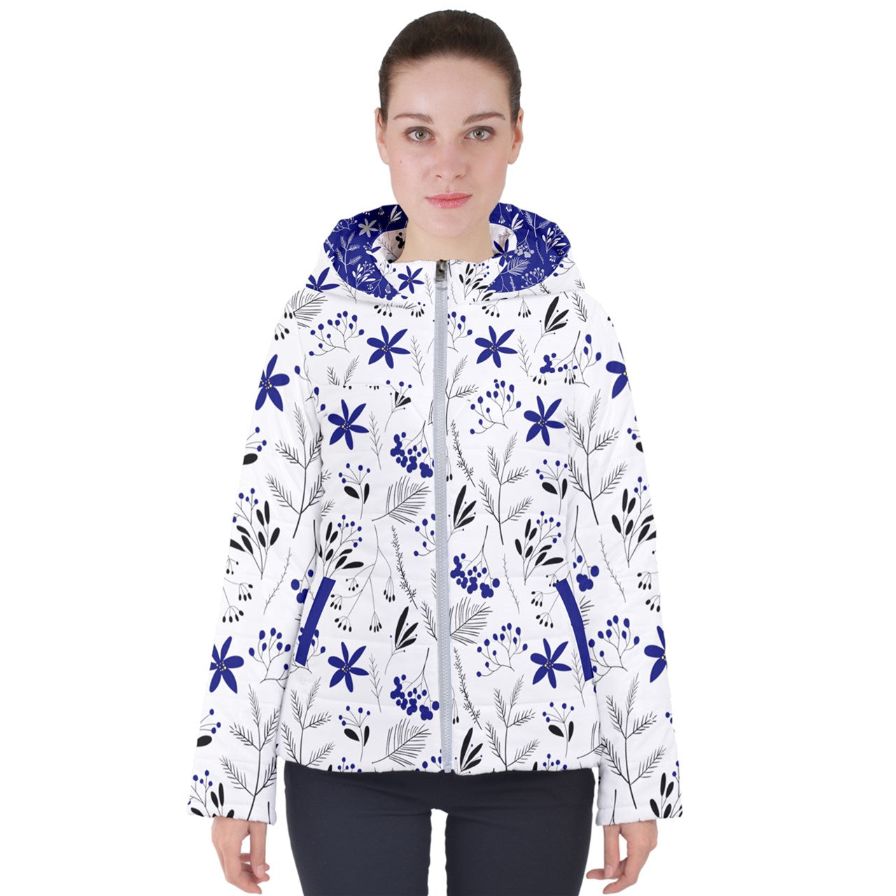 Winter Flowers Dark Blue on White Women's Puffer Jacket