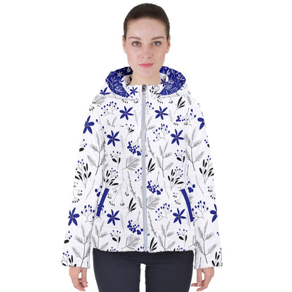 Winter Flowers Dark Blue on White Women's Puffer Jacket