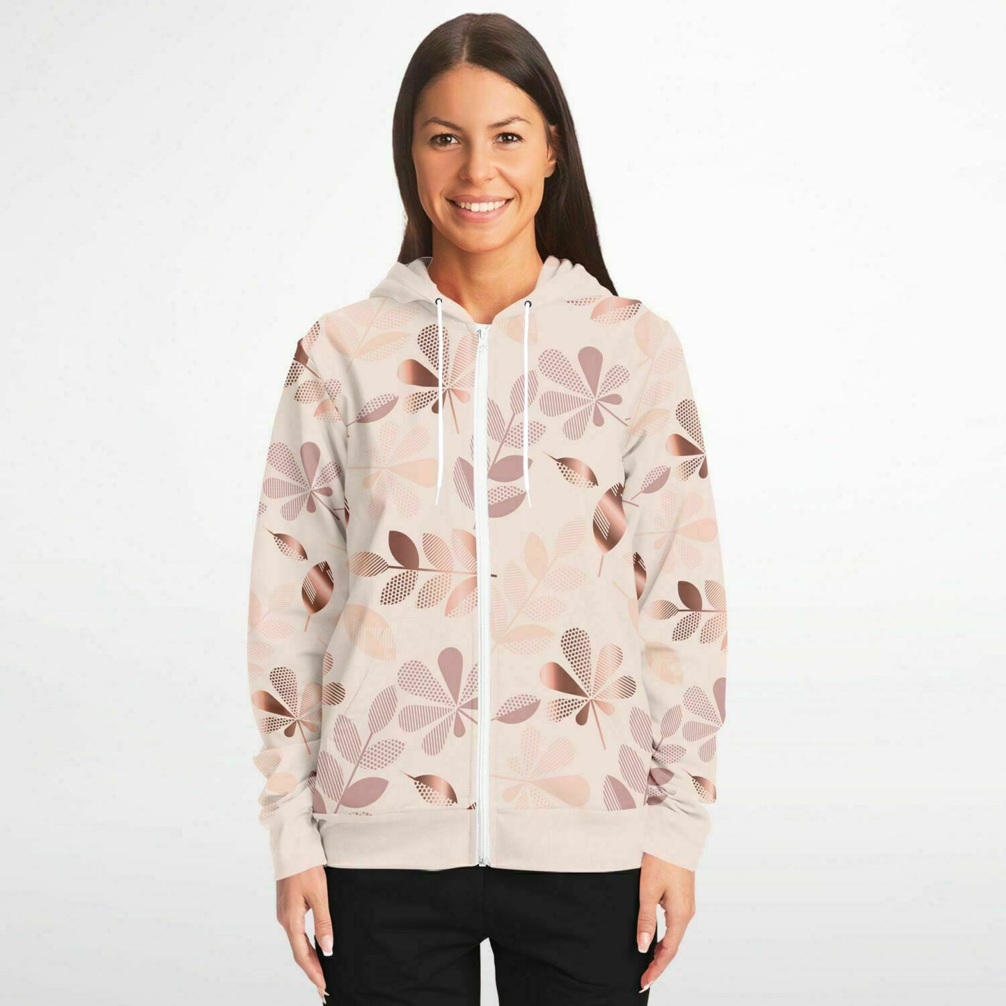 Pale Pink Leaves Zip Hoodie