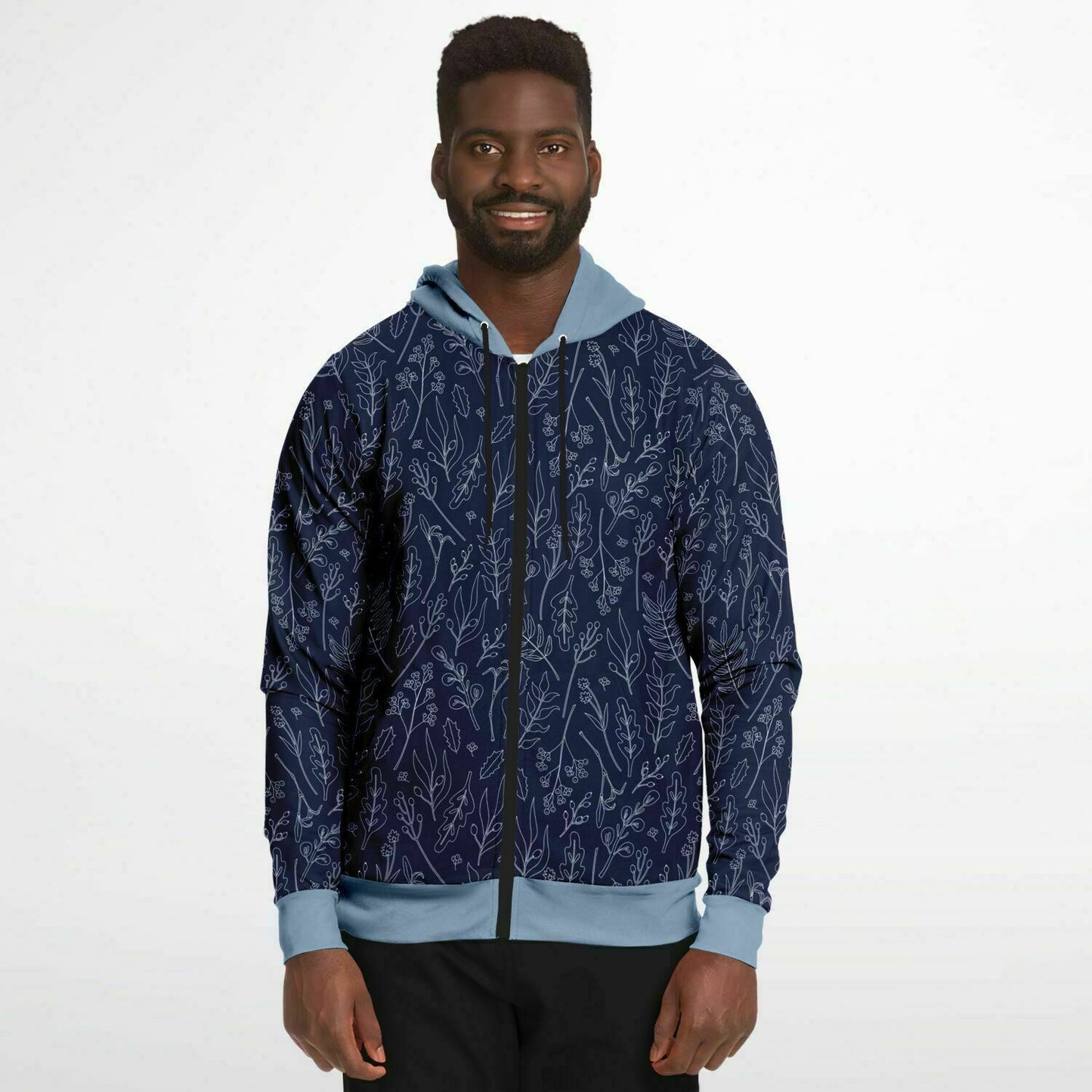 Blue Silver leaves Zip Hoodie - light blue hood