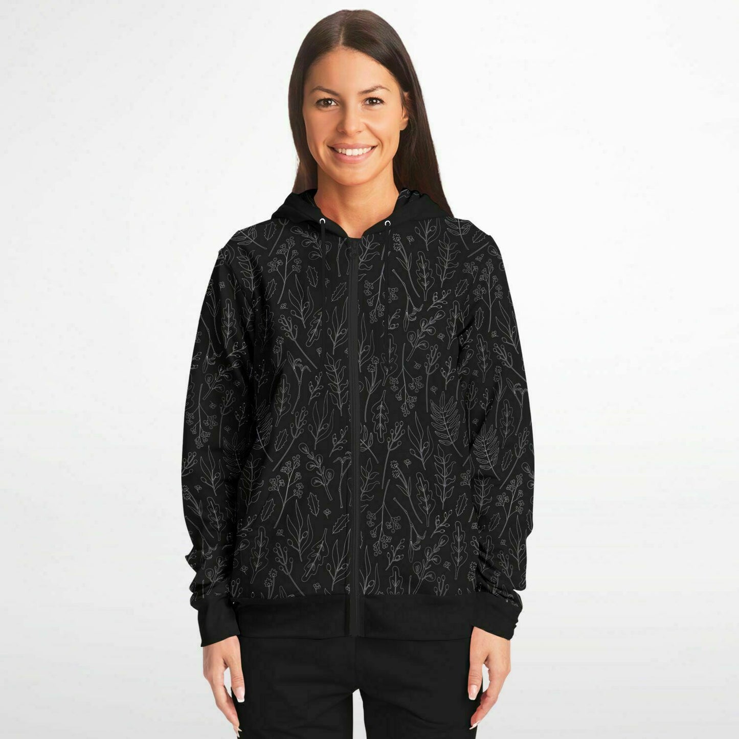 Black-Silver Leaves ZIp Hoodie - black