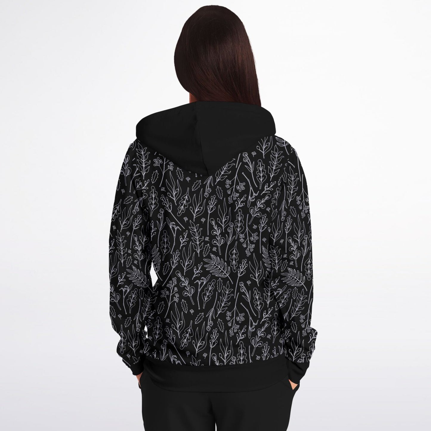 Black Silver Leaves Zip Hoodie - extra bright