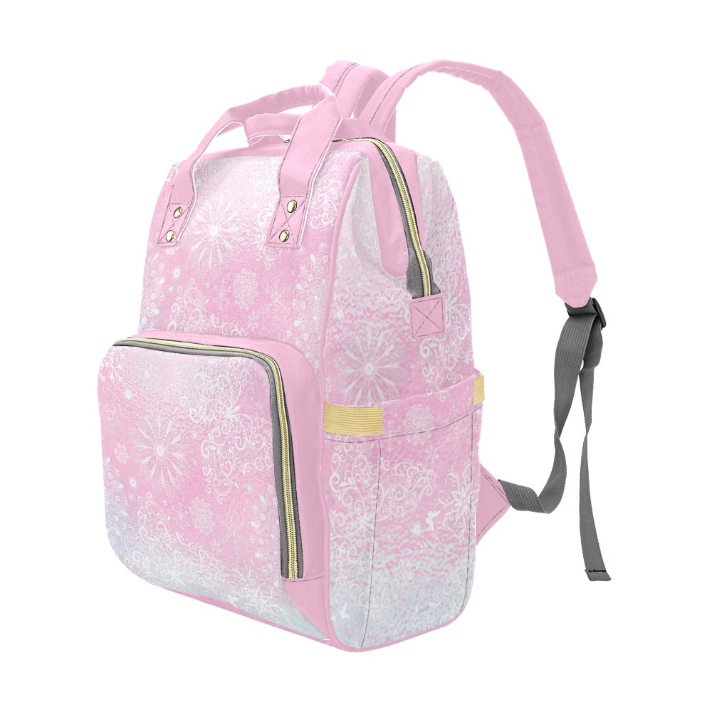 Snowflakes on Pink Glass Multipurpose Backpack/Diaper Bag