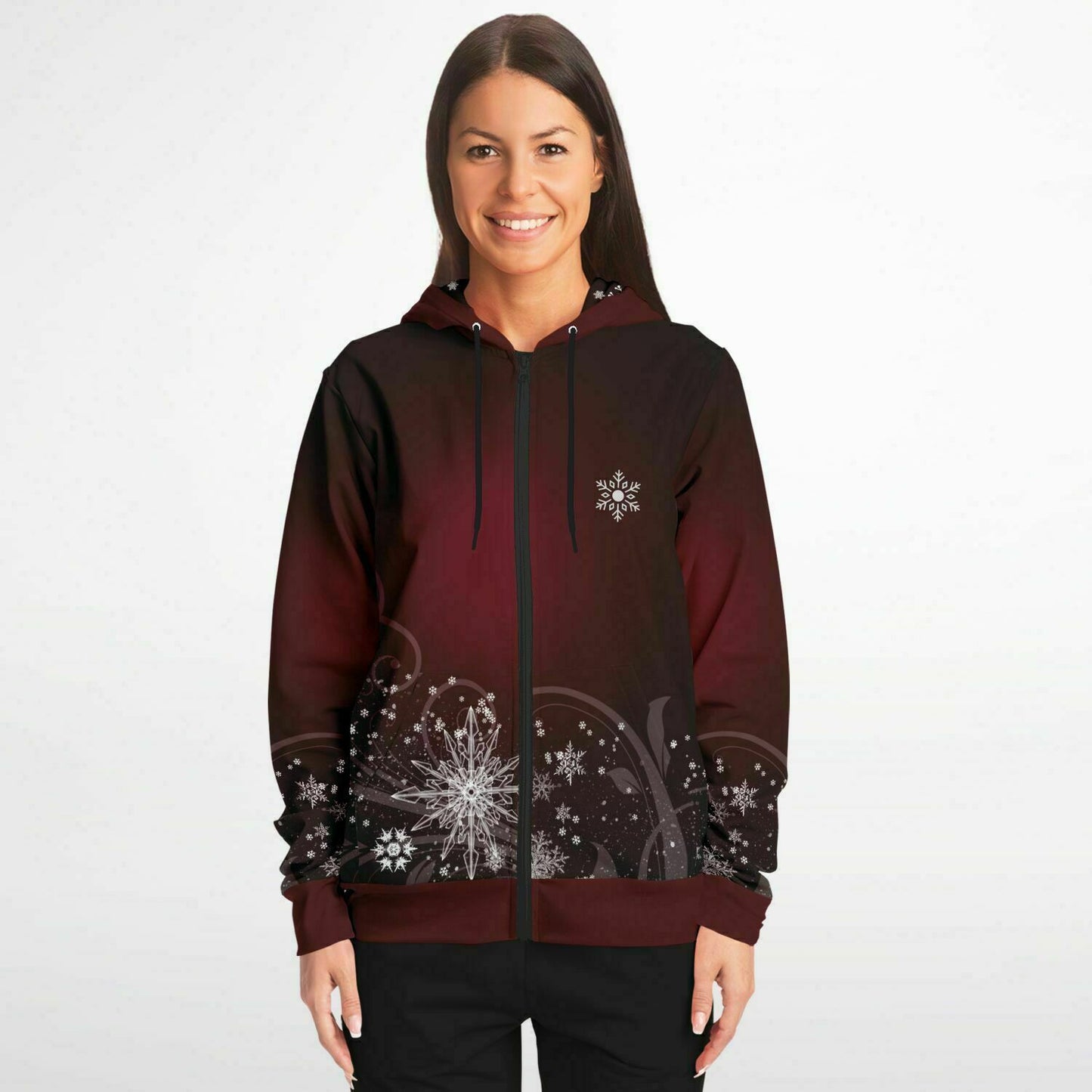 Dark Red Snowflake Zip Hoodie