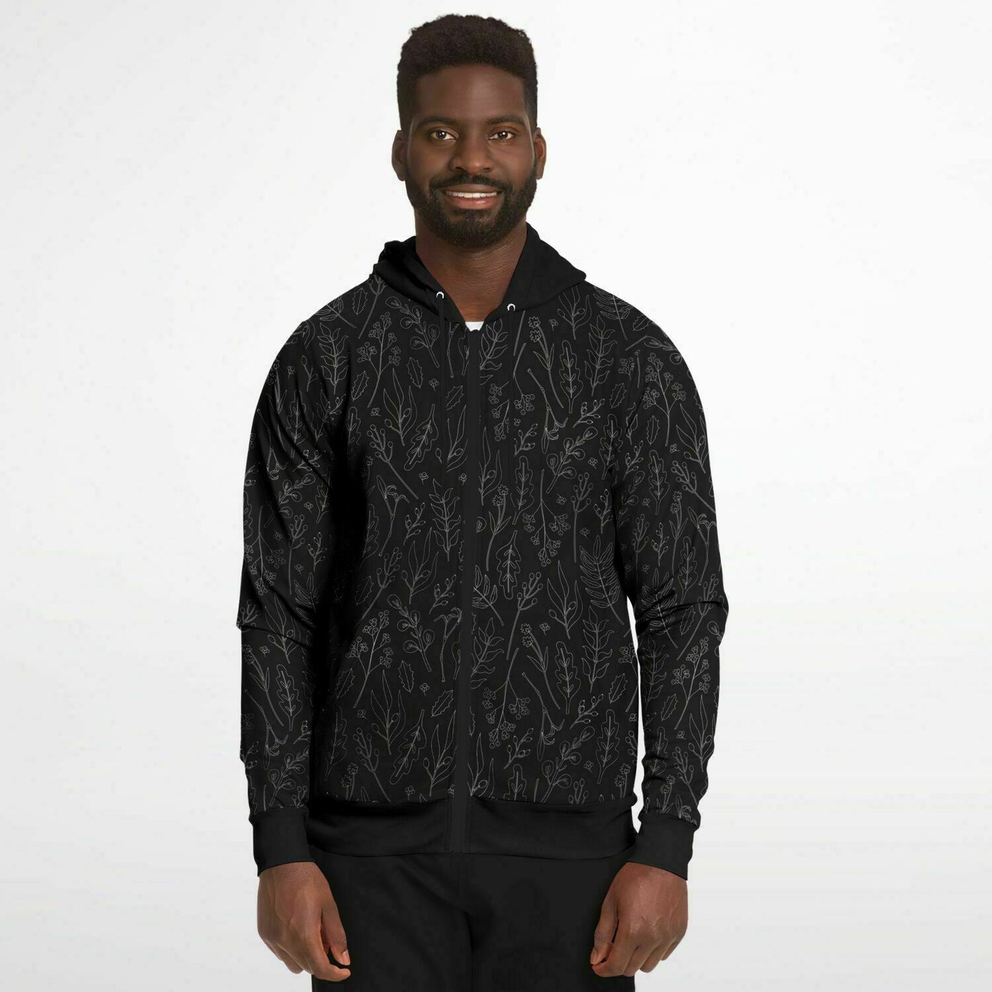 Black-Silver Leaves ZIp Hoodie - black