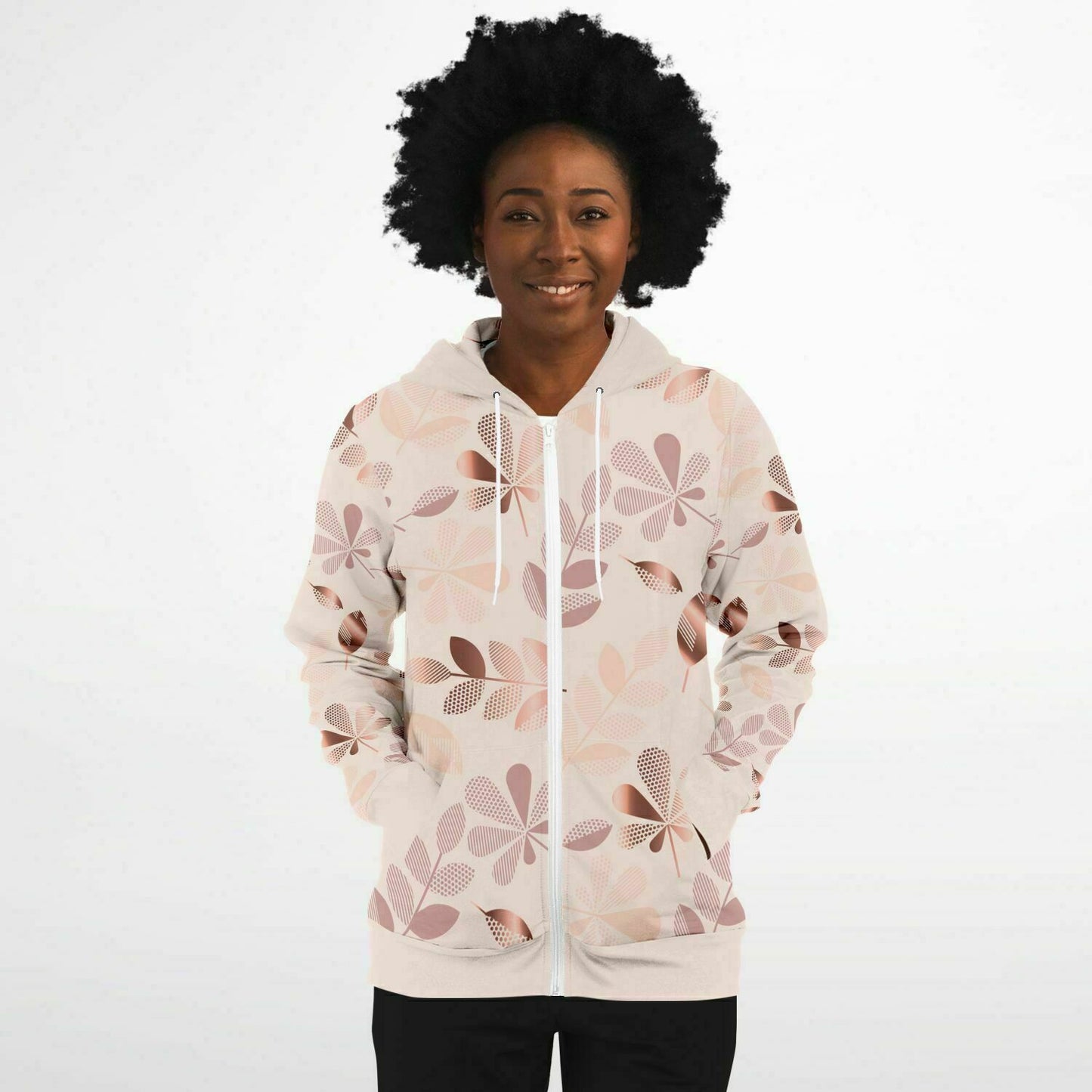 Pale Pink Leaves Zip Hoodie