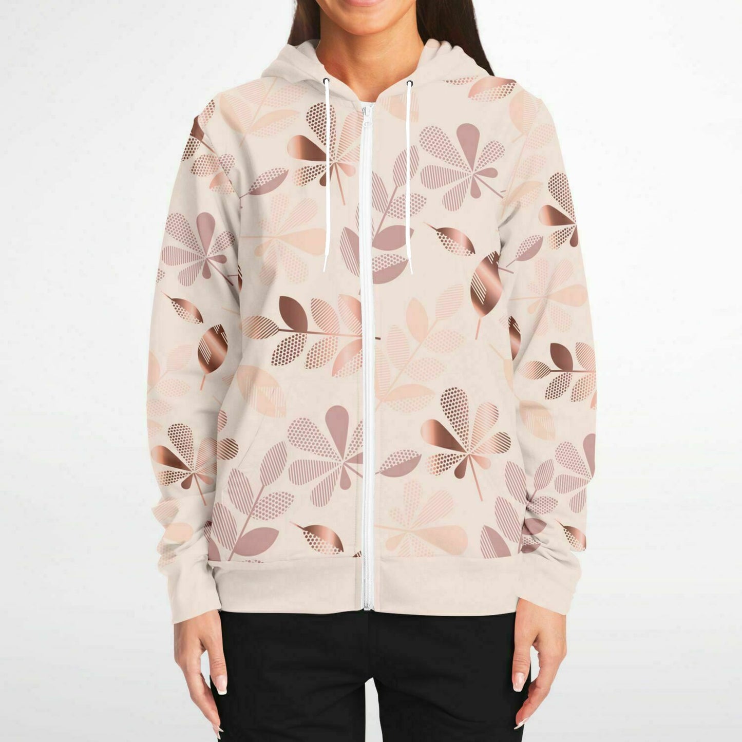 Pale Pink Leaves Zip Hoodie